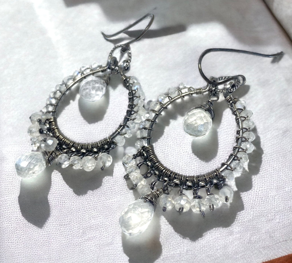 artisan made rainbow moonstone gemstone hoop earrings