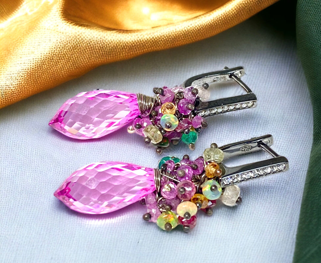 Pink Topaz and Opal Sapphire Cluster Earrings in Oxidized Silver - Doolittle