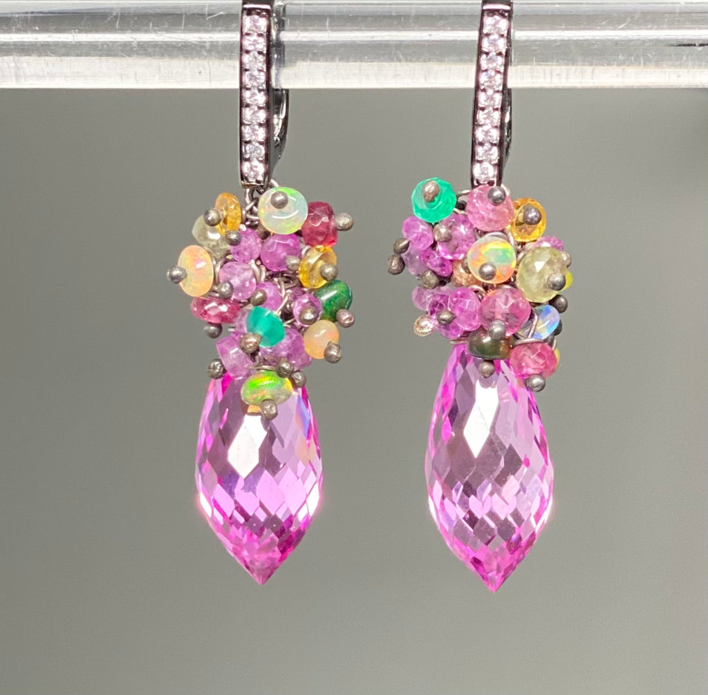 Pink Topaz and Opal Sapphire Cluster Earrings in Oxidized Silver - Doolittle