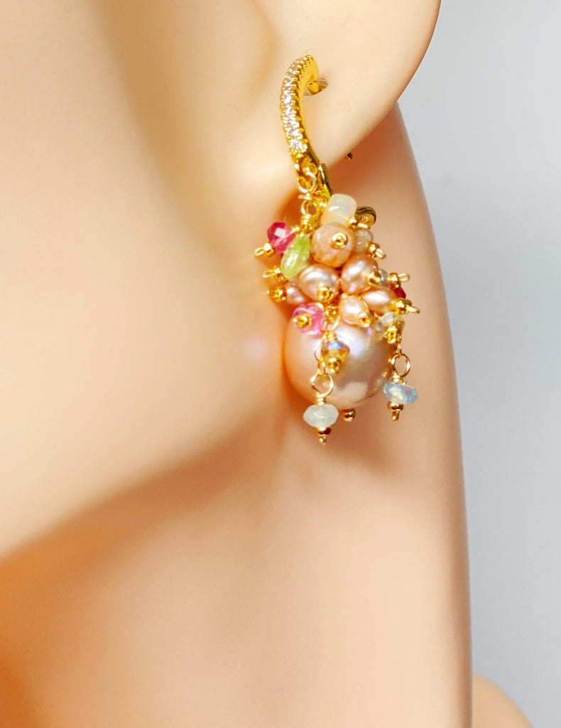 Pink Round Pearl and Gem Cluster Wedding Earrings with Tsavorite