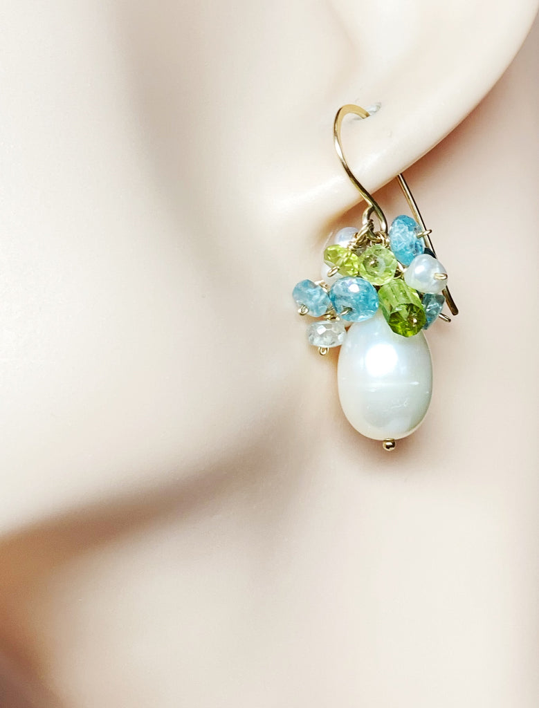 Pearl and Peridot, Blue Zircon Cluster Earrings Gold Fill