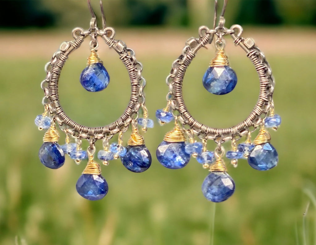 Blue Kyanite Gemstone Mixed Metal Hoop Earrings Gold Fill Oxidized Sterling Silver