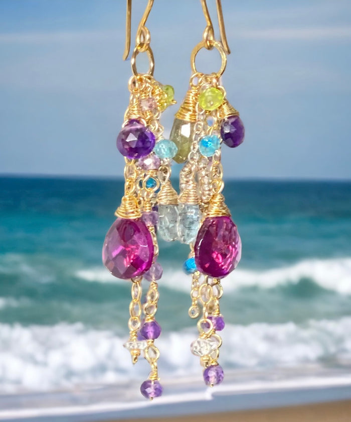 Gemstone Dangle Earrings - Moss Aquamarine, Amethyst, Violet Quartz