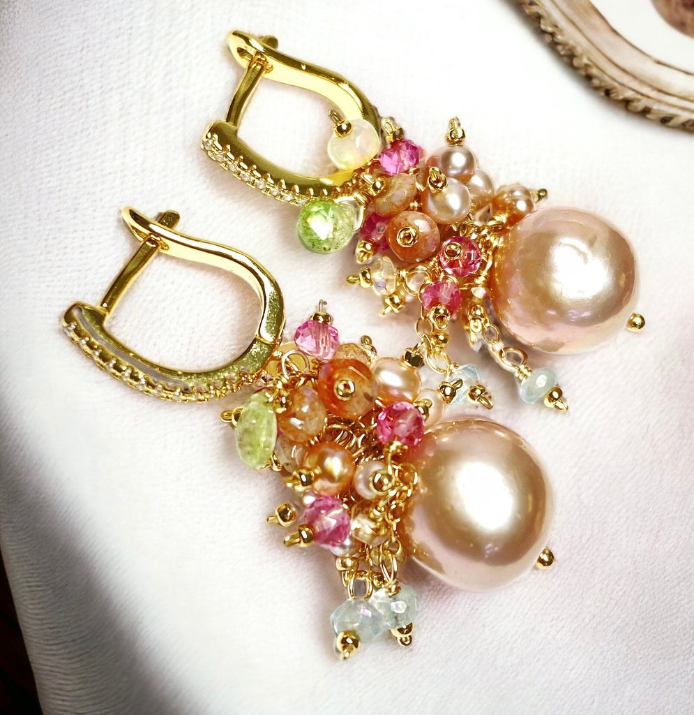 Pink Round Pearl and Gem Cluster Wedding Earrings with Tsavorite