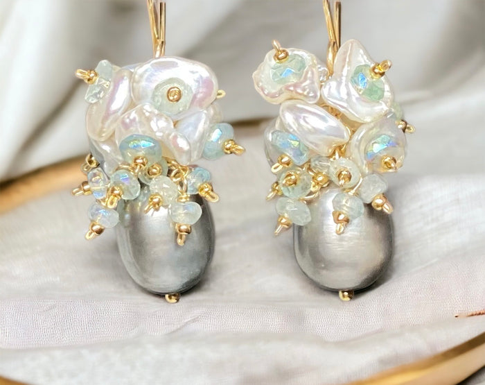 Silver Gray Pearl and Keishi Pearl Cluster Earrings with Aquamarine