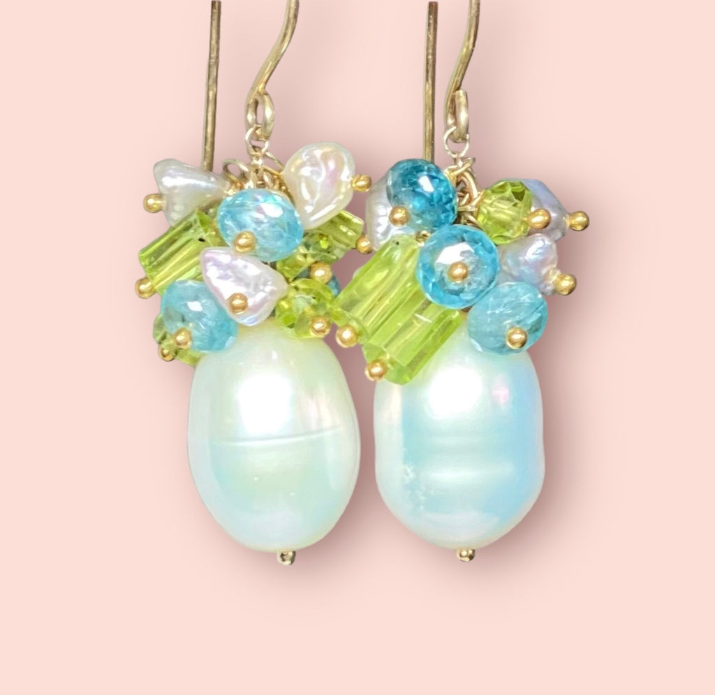 Pearl Peridot Crystal, Blue Zircon, Gray Keishi Pearl Cluster Earrings