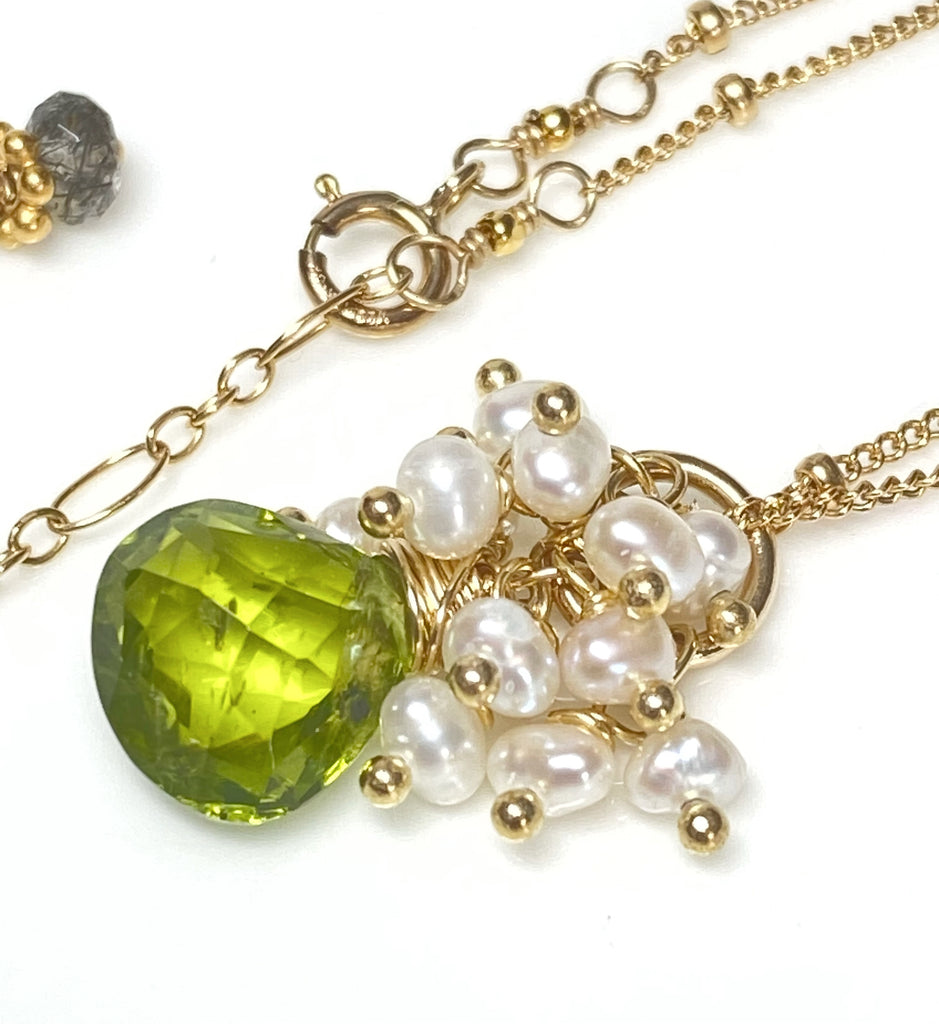 Peridot Gemstone Pendant Gold Fill with Pearl Clusters