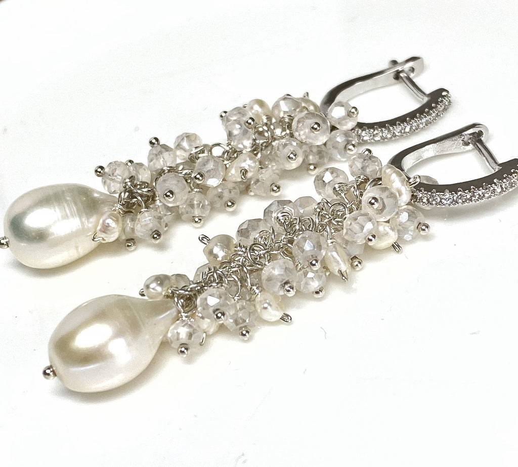 Long Mystic Quartz and Pearl Dangle Diamond Look Earrings - Doolittle