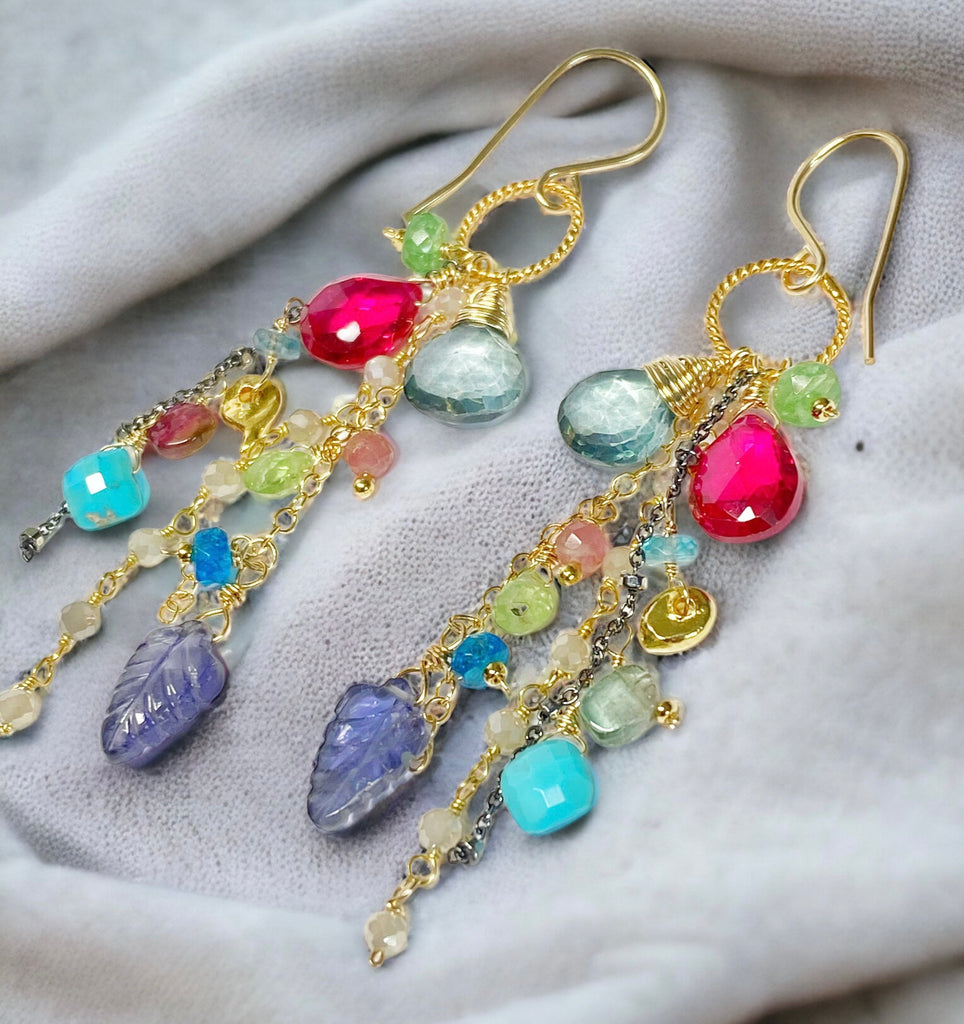 hot pink topaz, blue iolite, colorful gemstone dangles on mixed metal chains of gold fill and oxidized sterling silver