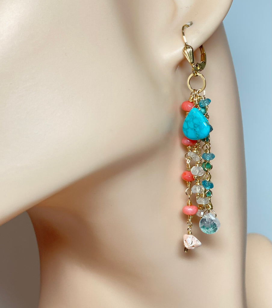 handmade boho earrings of turquoise, coral, moonstone and gold fill wires