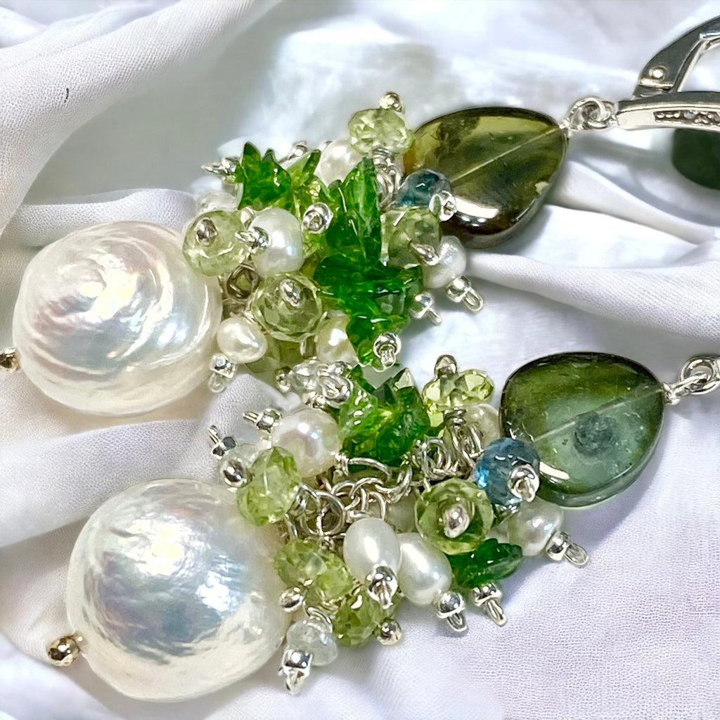 Baroque Edison pearls with clusters of peridot, chrome diopside, green tourmaline slices, sapphire, pearls - wedding earrings