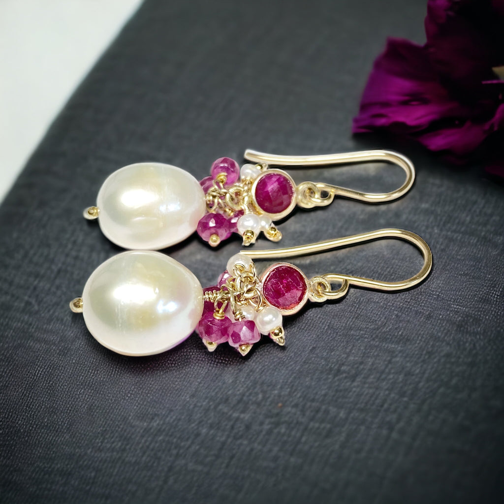 Pearl, Gemstone Cluster, Ruby and Dangle Earrings