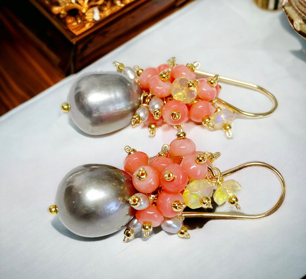 Pearl and Coral Cluster Earrings with Opals