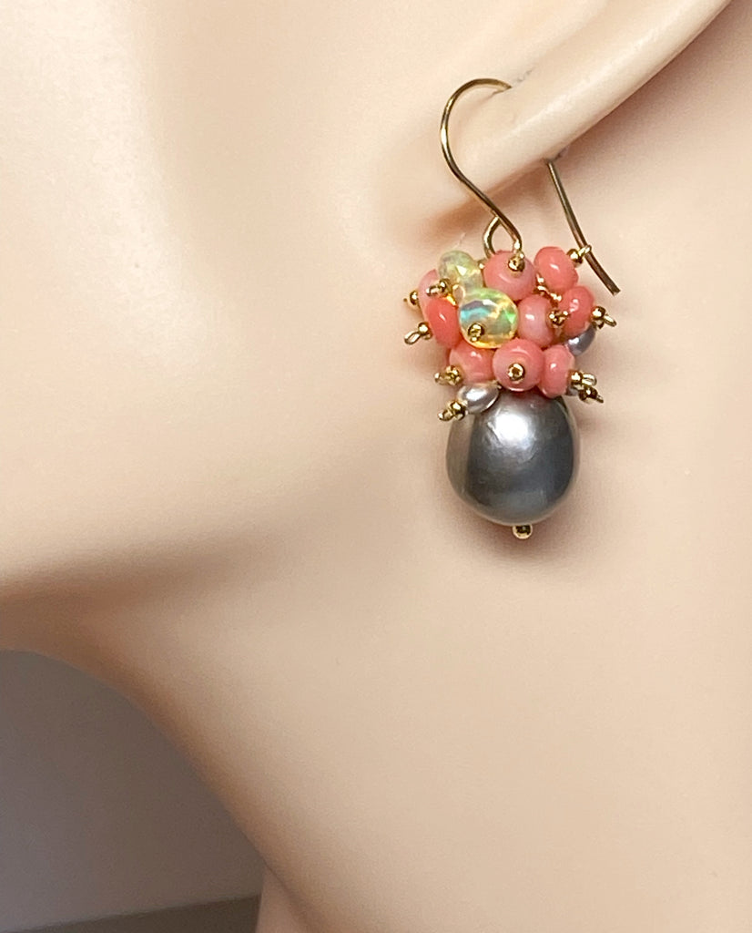 Pearl and Coral Cluster Earrings with Opals