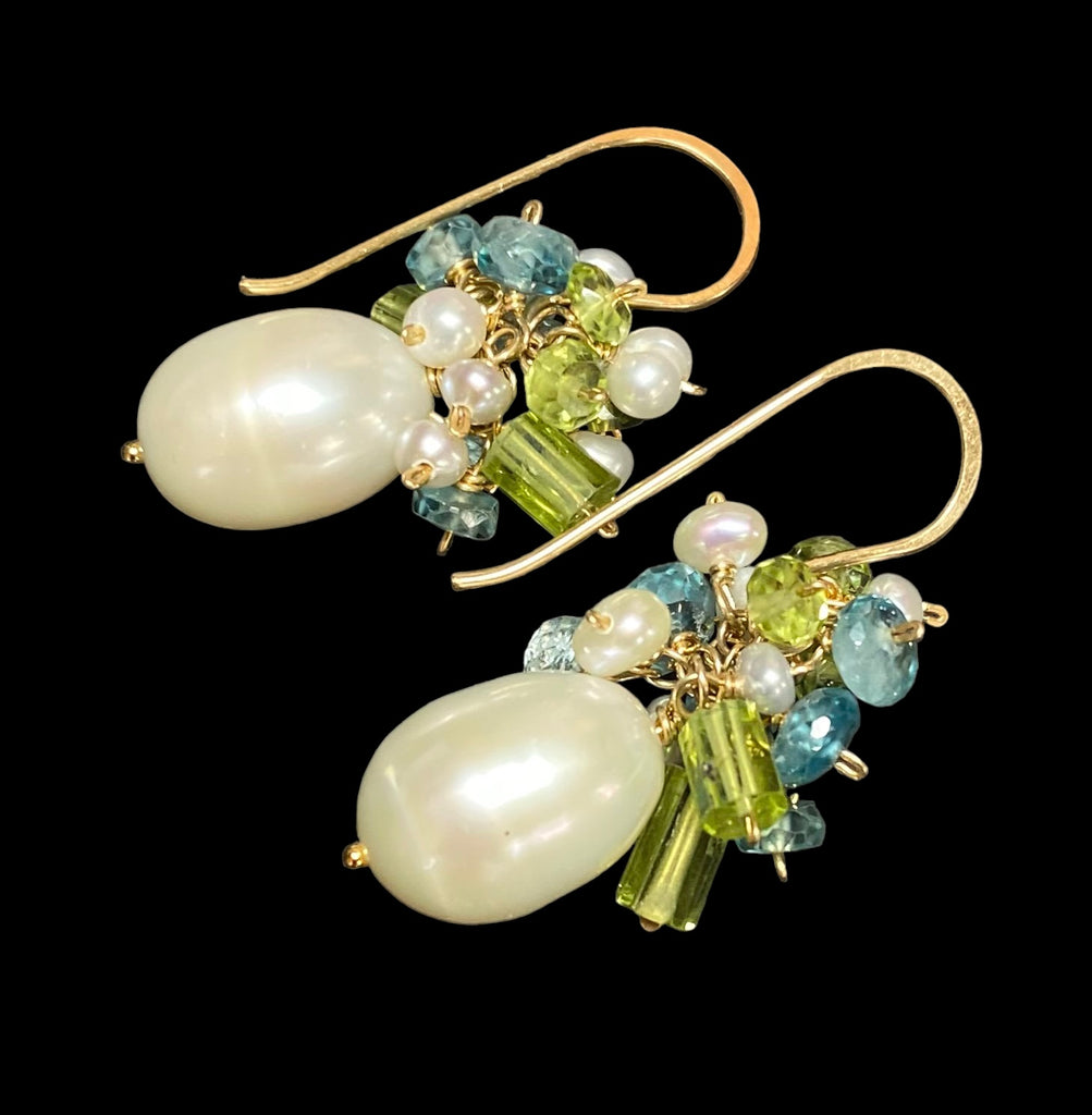 Pearl and Peridot, Blue Zircon Cluster Earrings Gold Fill