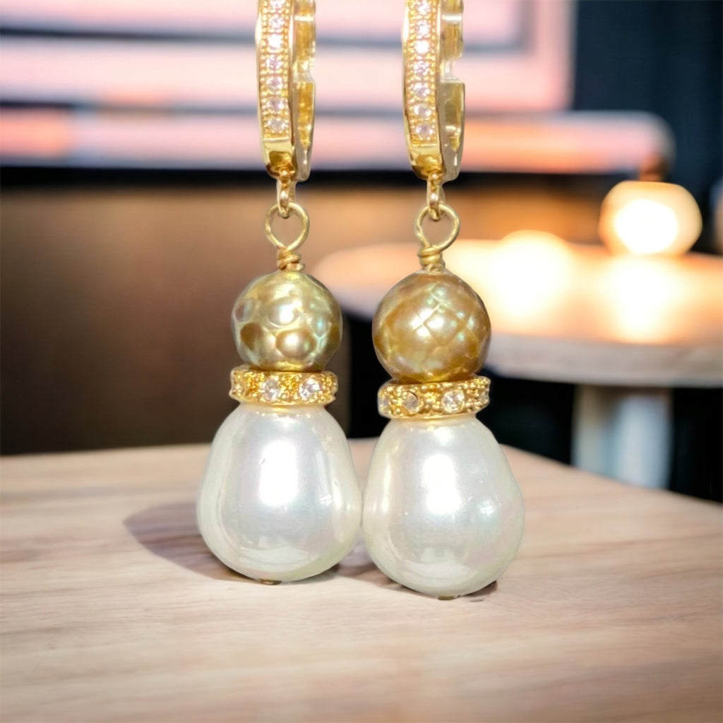 Gold Laser Faceted Pearl Earrings