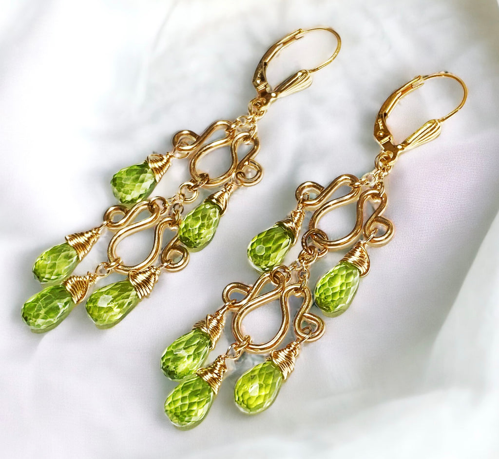 Gold filled handmade long chandelier earrings with peridot gemstones