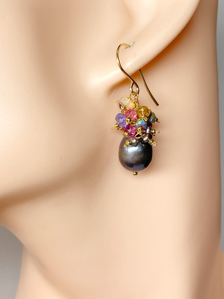 Black peacock pearl with colorful gemstone and pearl cluster in 14 kt gold fill