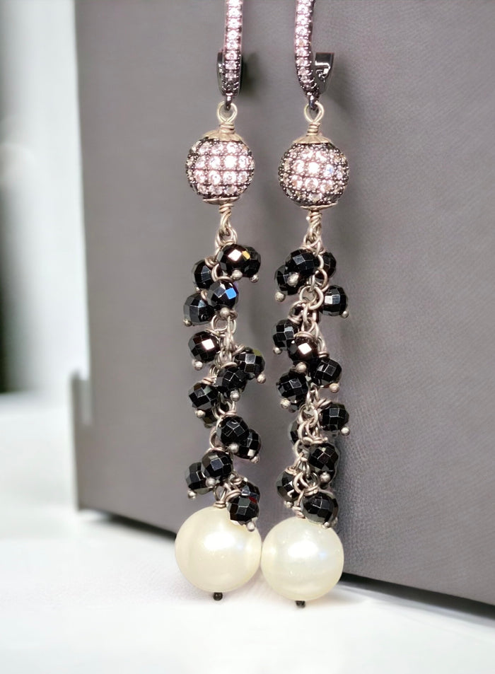 Black Spinel and White Pearl Long Dangle Earrings Oxidized Sterling Silver - Doolittle