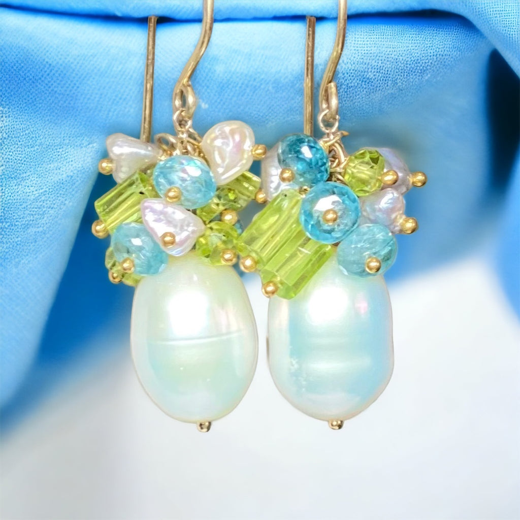 Pearl Peridot Crystal, Blue Zircon, Gray Keishi Pearl Cluster Earrings