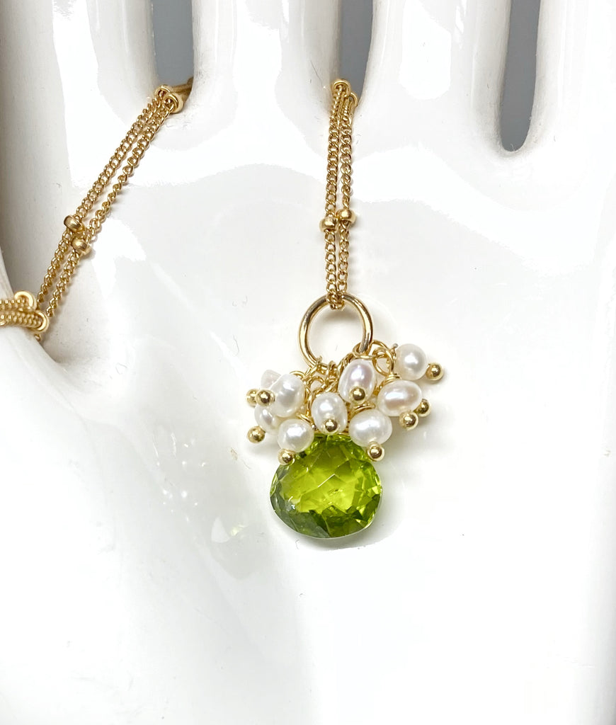 Peridot Gemstone Pendant Gold Fill with Pearl Clusters