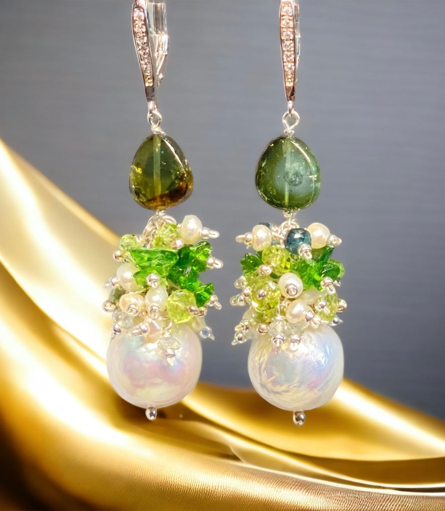 Baroque Edison Pearl earrings with clusters of green gemstones and topped with green tourmaline slices