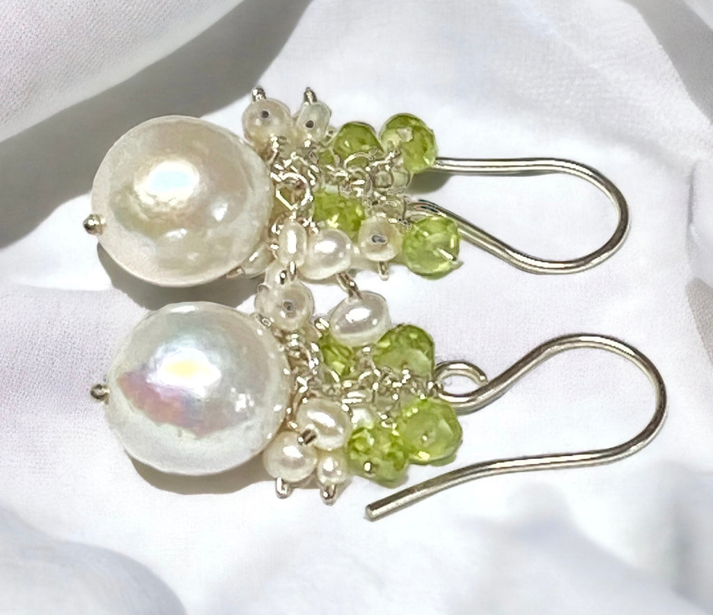 Peridot and Edison Pearl Cluster Earrings, Gold Fill, Rose Gold, Sterling Silver