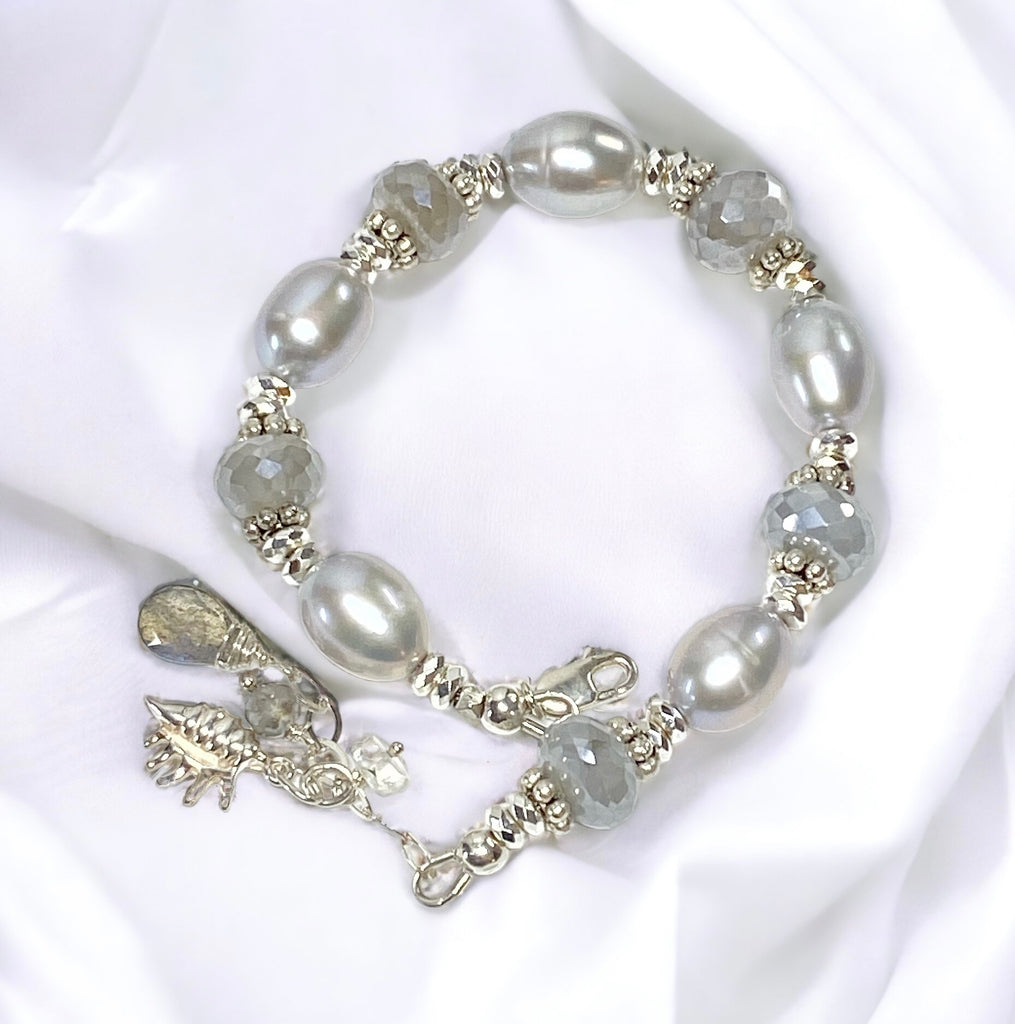 Grey Mystic Moonstone and Silver Gray Pearl Bracelet Sterling Silver