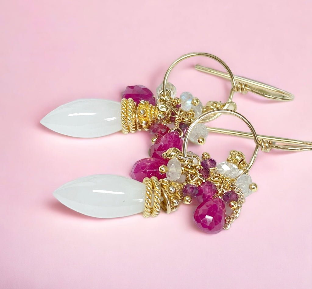 Ruby Hoop Earrings in Gold Fill with White Aventurine