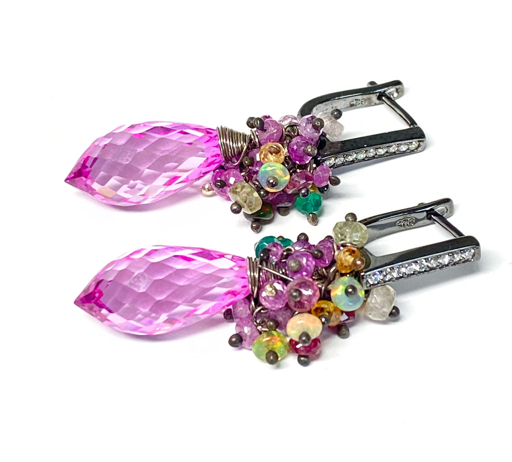 Pink Topaz and Opal Sapphire Cluster Earrings in Oxidized Silver - Doolittle