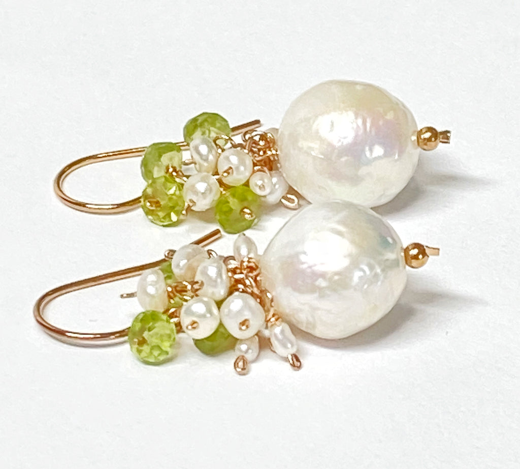 Peridot and Edison Pearl Cluster Earrings, Gold Fill, Rose Gold, Sterling Silver