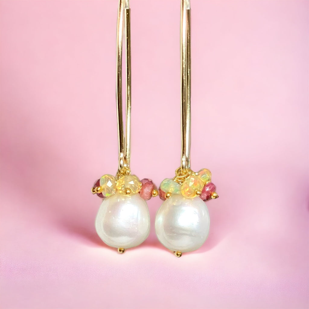 Ruby and Opal Cluster Long Pearl Earrings