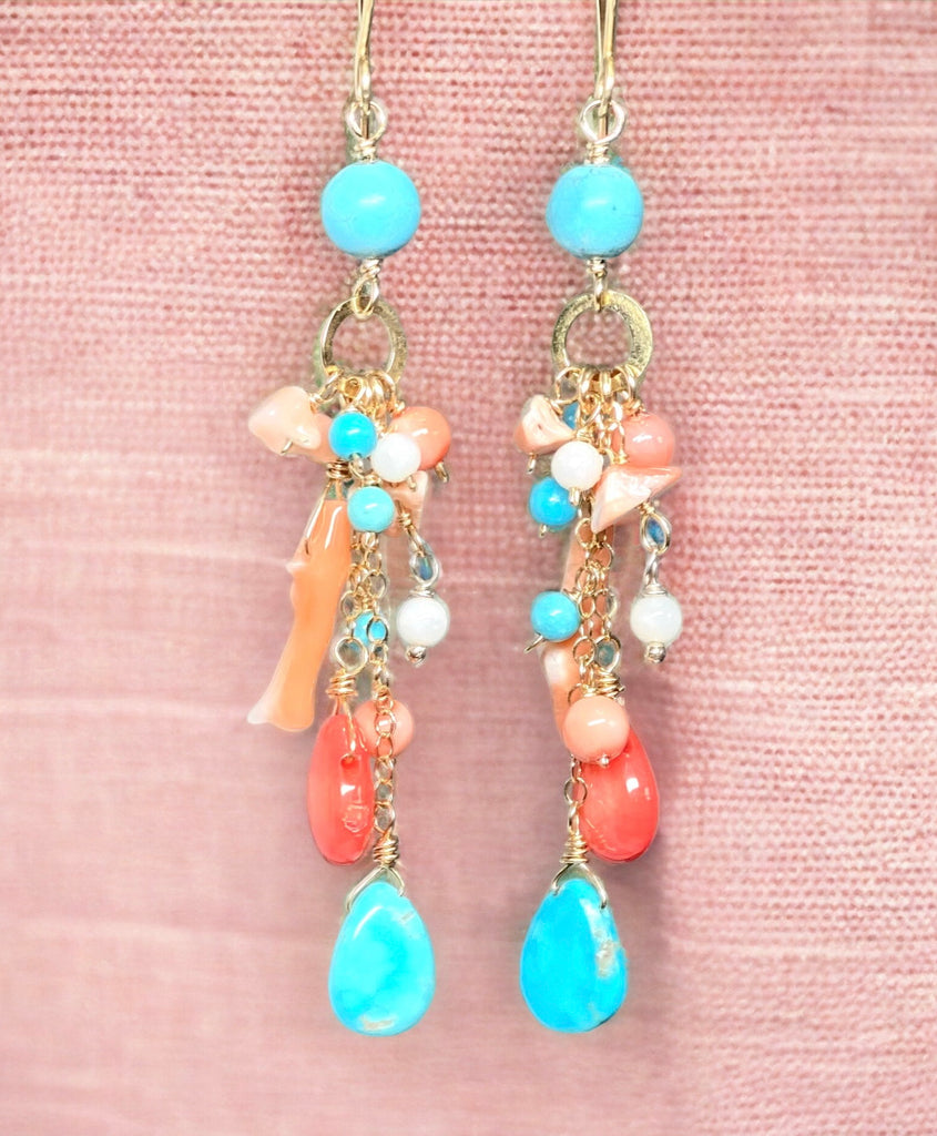 Turquoise Coral Long Gold Boho Dangle Earrings