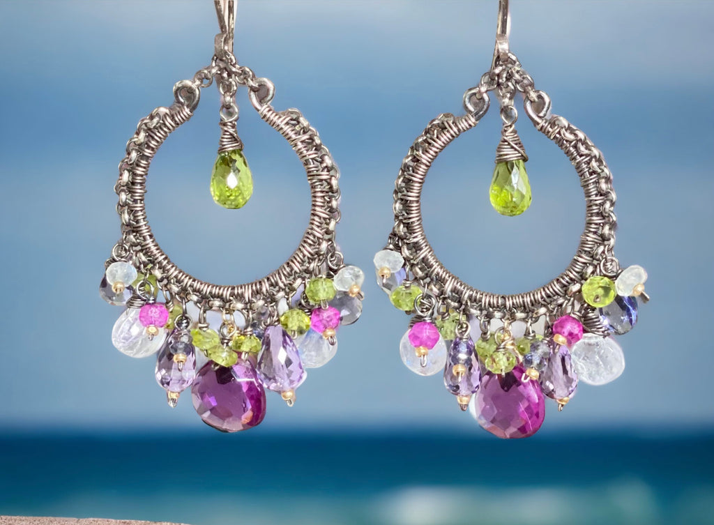 Multi Gemstone Chandelier Hoop Earrings - Blue Purple Violet