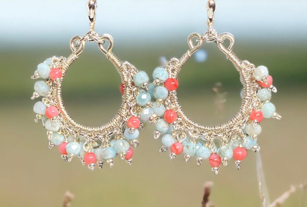 Larimar and Coral Hoop Earrings Sterling Silver