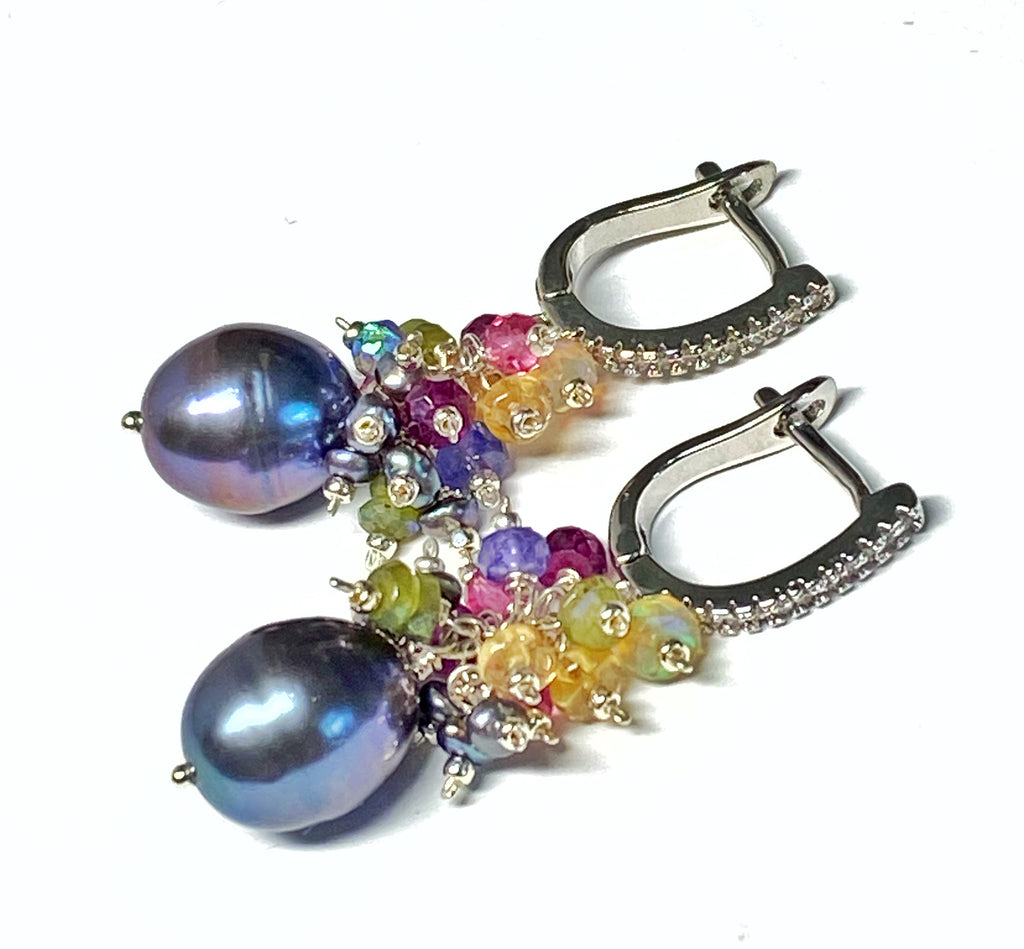 Mom gift black pearl earrings with gem clusters