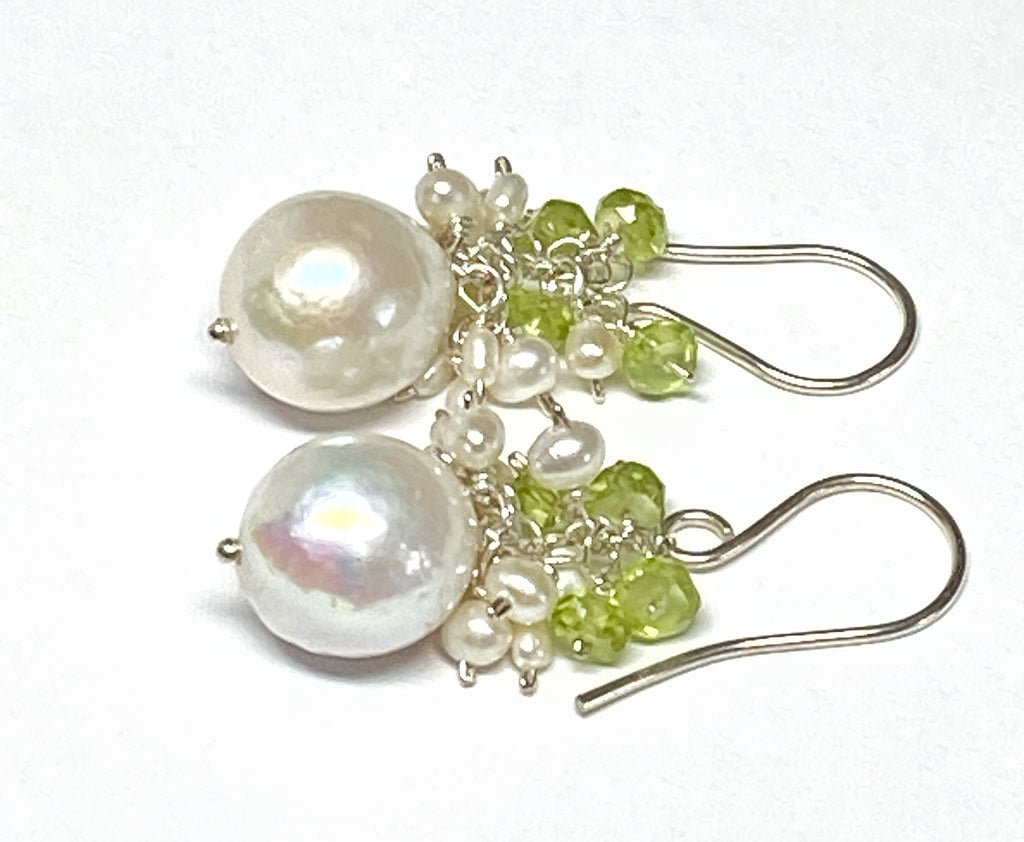 Peridot and Edison Pearl Cluster Earrings, Gold Fill, Rose Gold, Sterling Silver