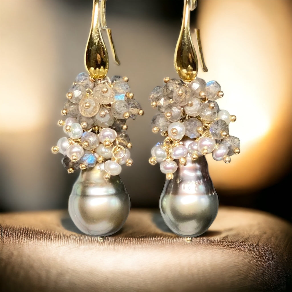 Tahitian pearl earrings with labradorite and tiny pearl cascades gold