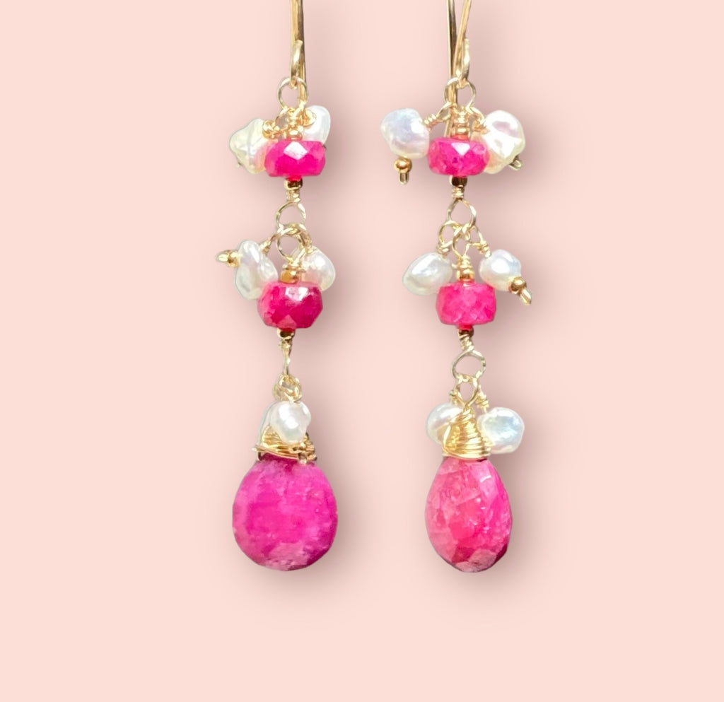 ruby drop earrings with small keishi pearls