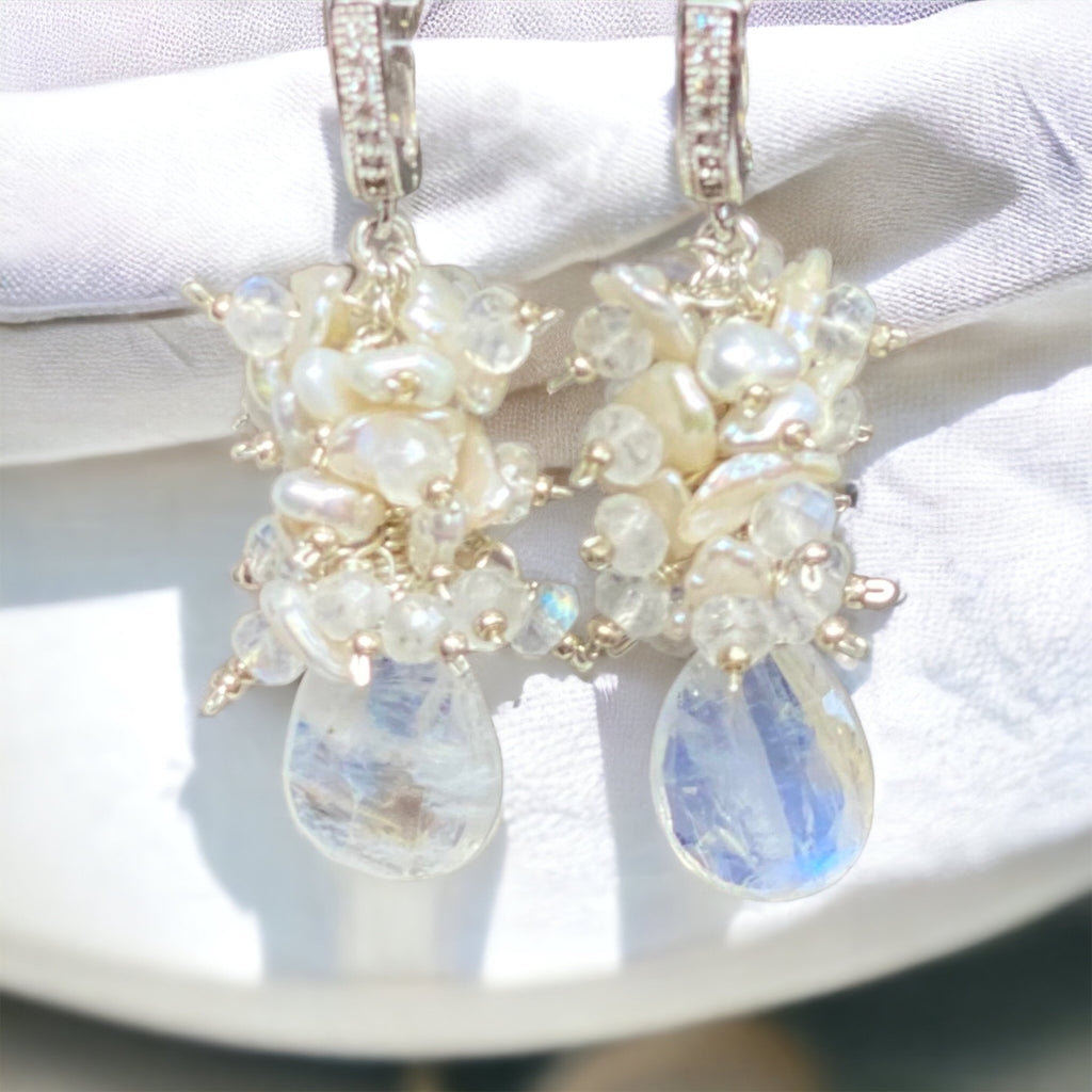 Flashy rainbow moonstones with clusters of keishi pearls and more moonstones sterling silver