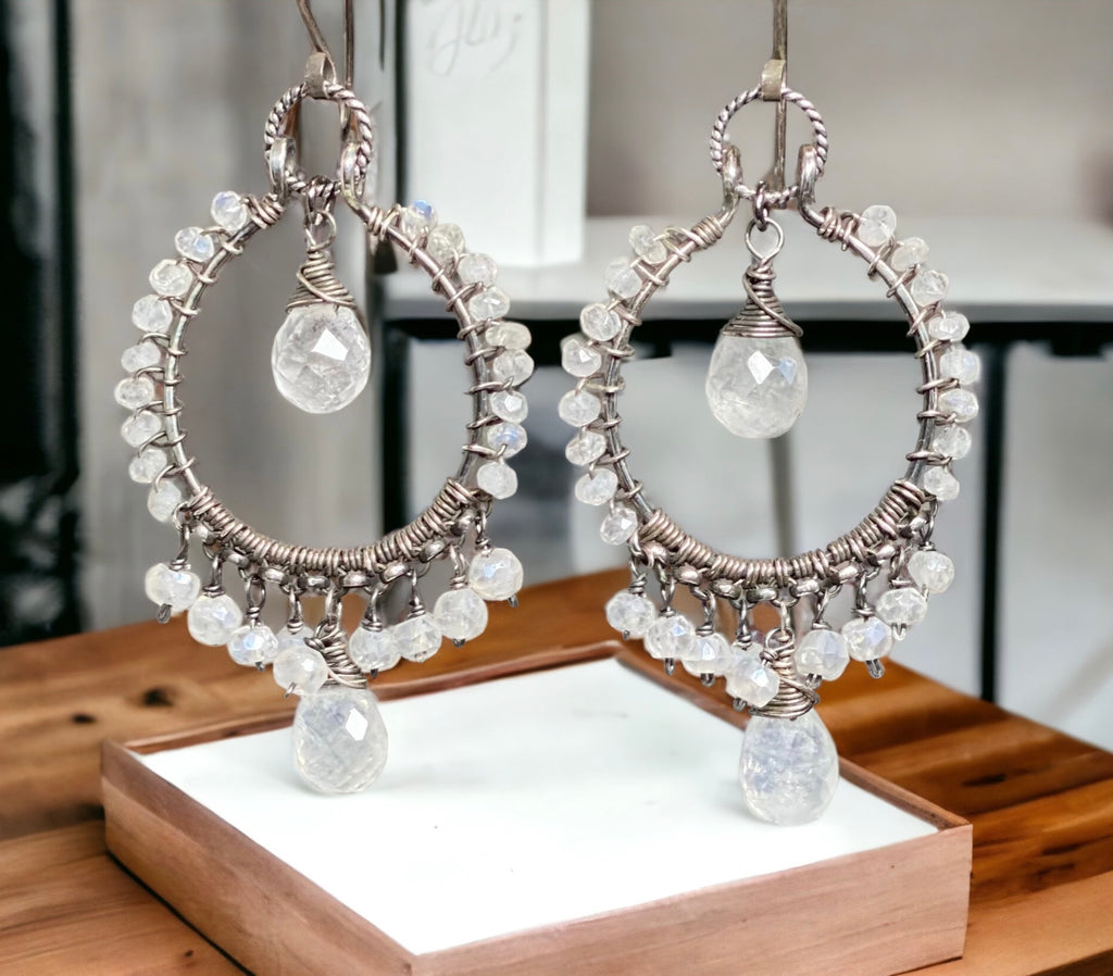 white gemstone chandelier earrings in blackened sterling silver