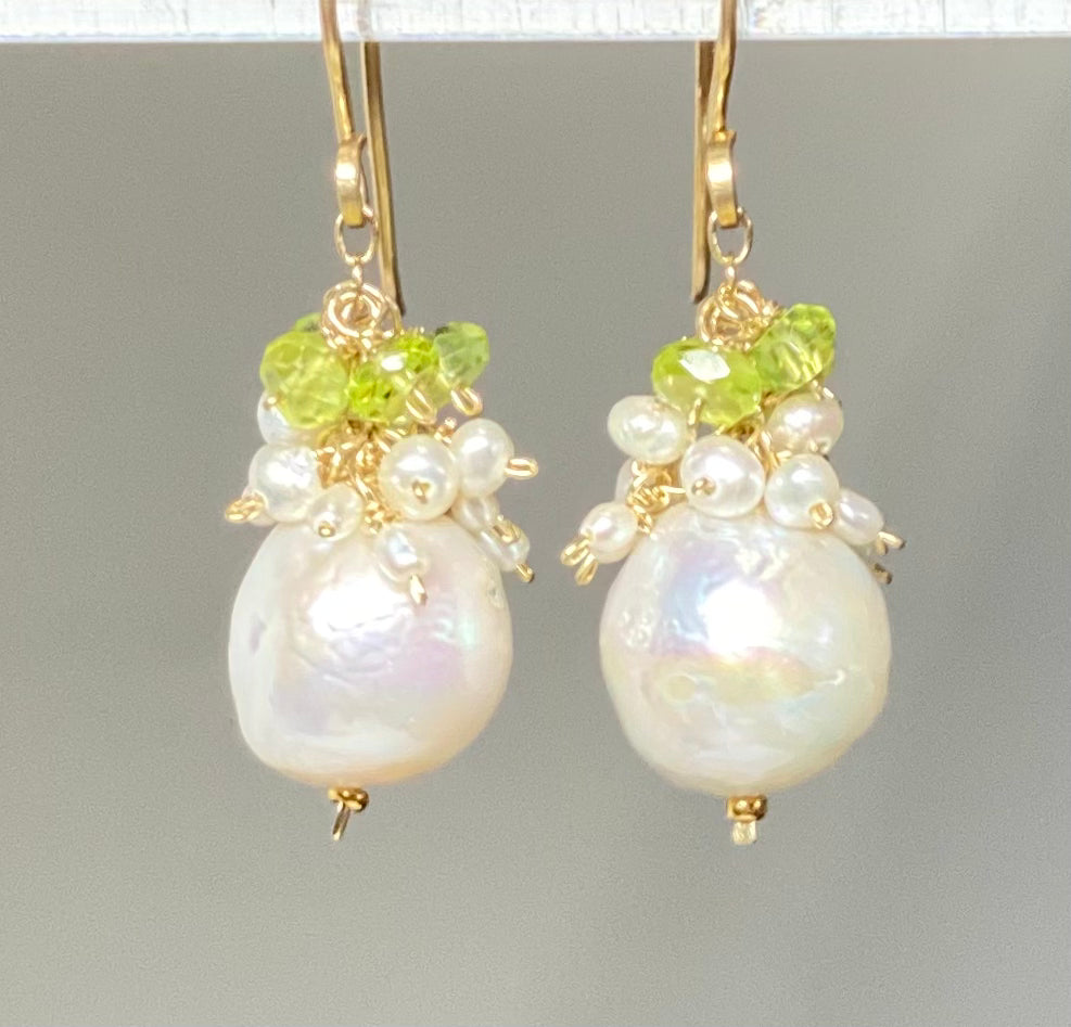 Peridot and Edison Pearl Cluster Earrings, Gold Fill, Rose Gold, Sterling Silver