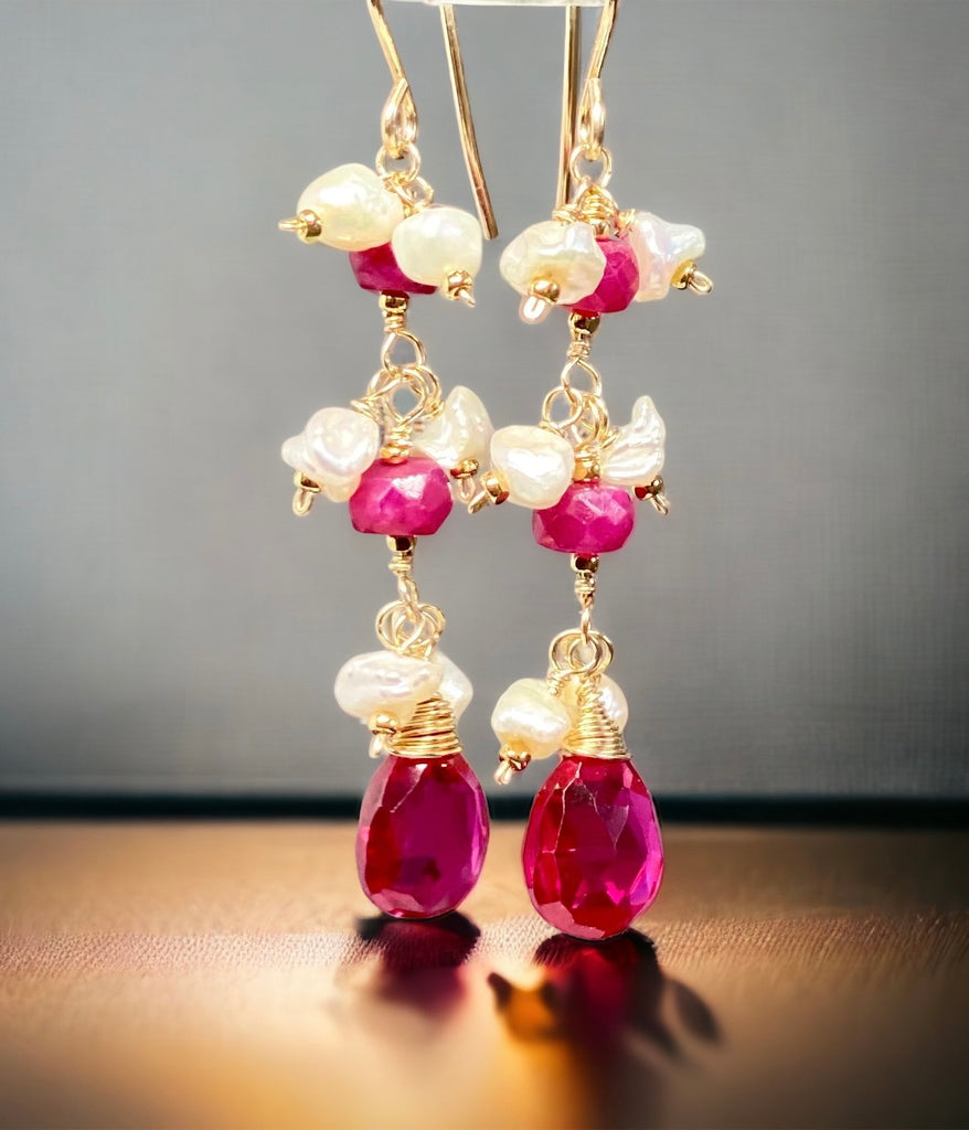 Ruby, Pearl and Pink Red Topaz Dangle Earrings