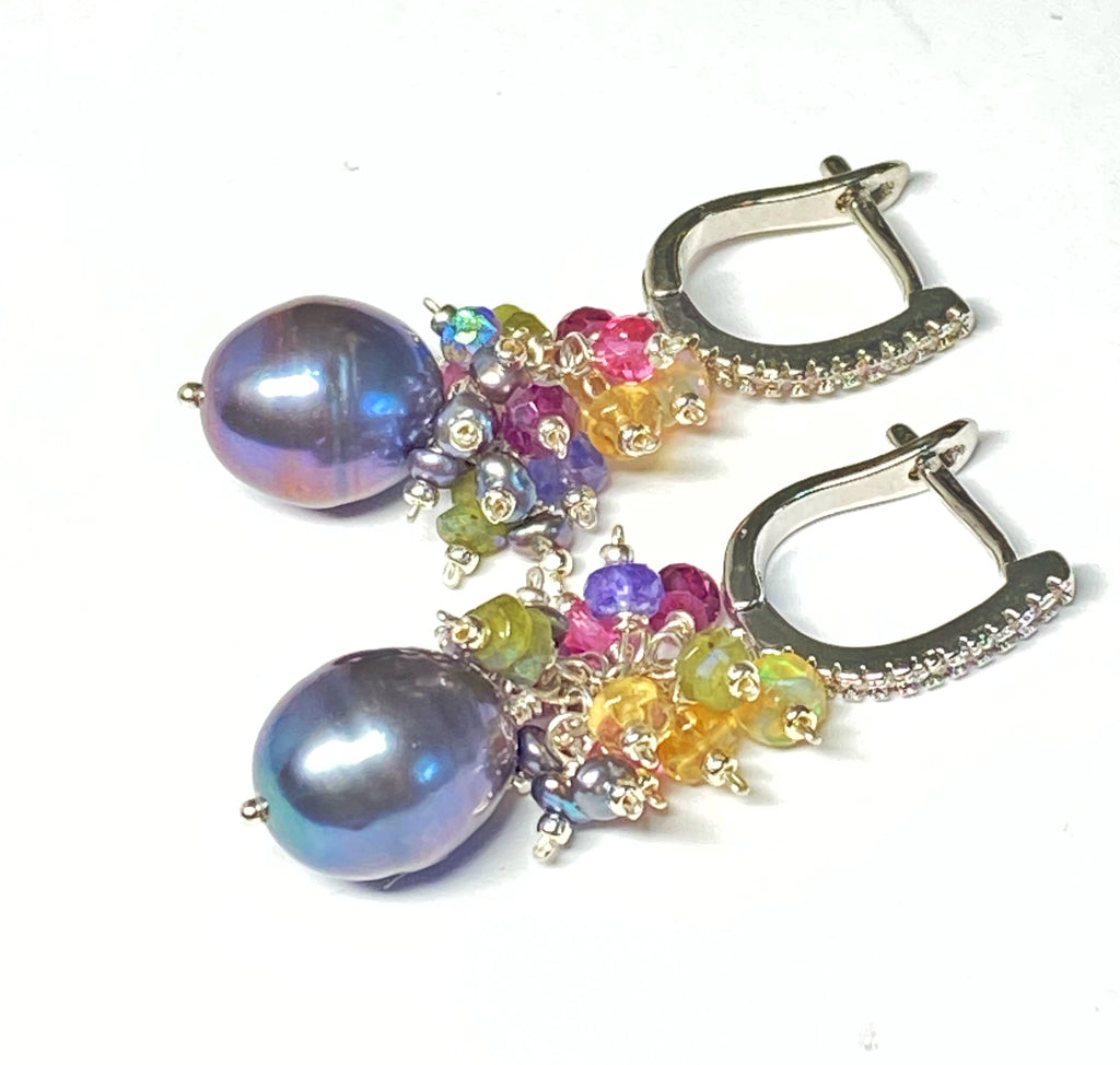 wedding guest earrings - black pearl earrings with colorful gem clusters