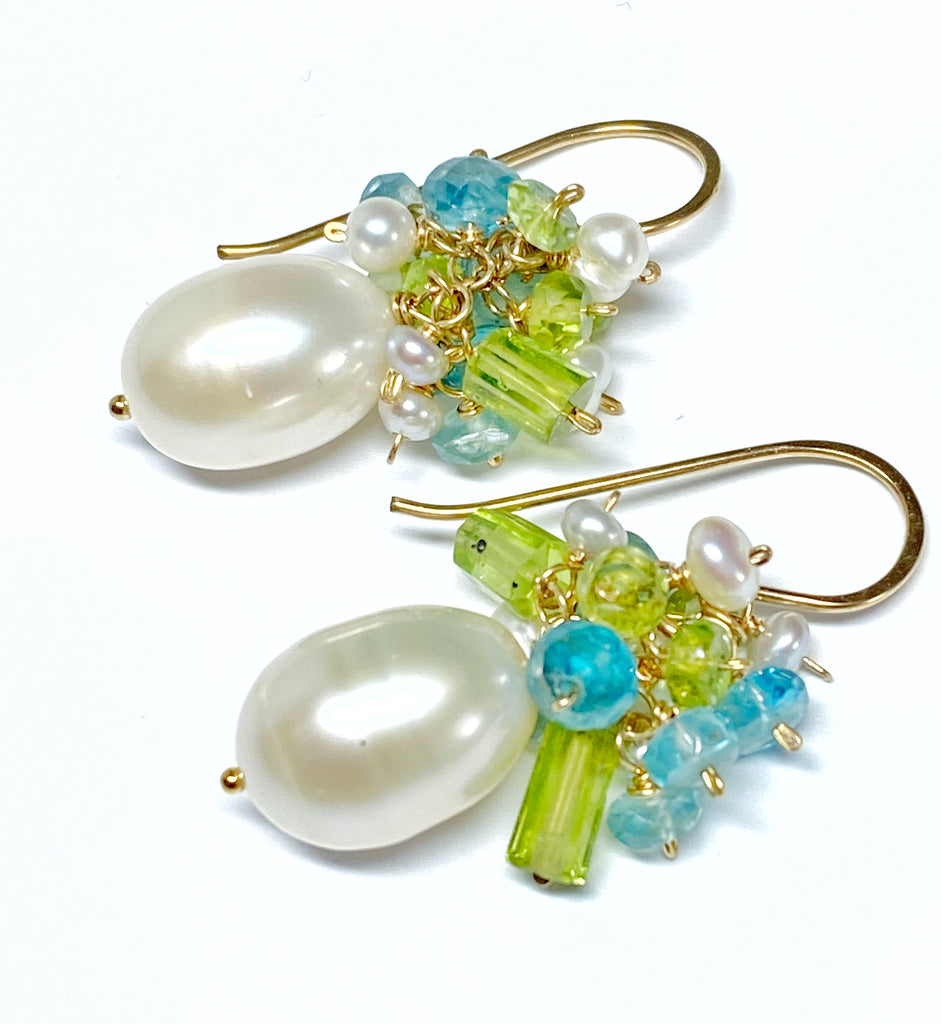 Pearl and Peridot, Blue Zircon Cluster Earrings Gold Fill