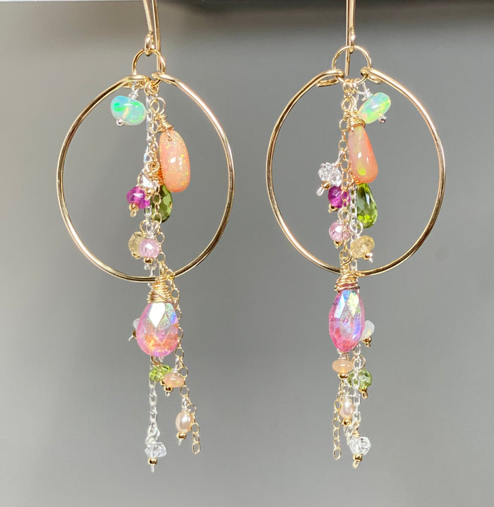Gold Fill Hoop Earrings with Multi Gemstone Dangle, Opals, Peridot