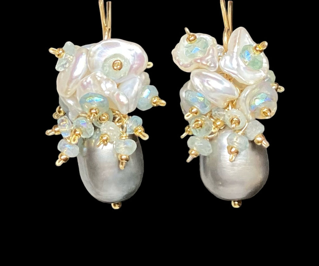 Silver Grey Pearl and Keishi Pearl Cluster Earrings with Aquamarine