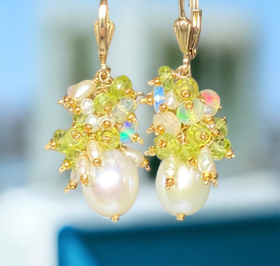 Peridot, Opal, Pearl Cluster Earrings Gold Fill