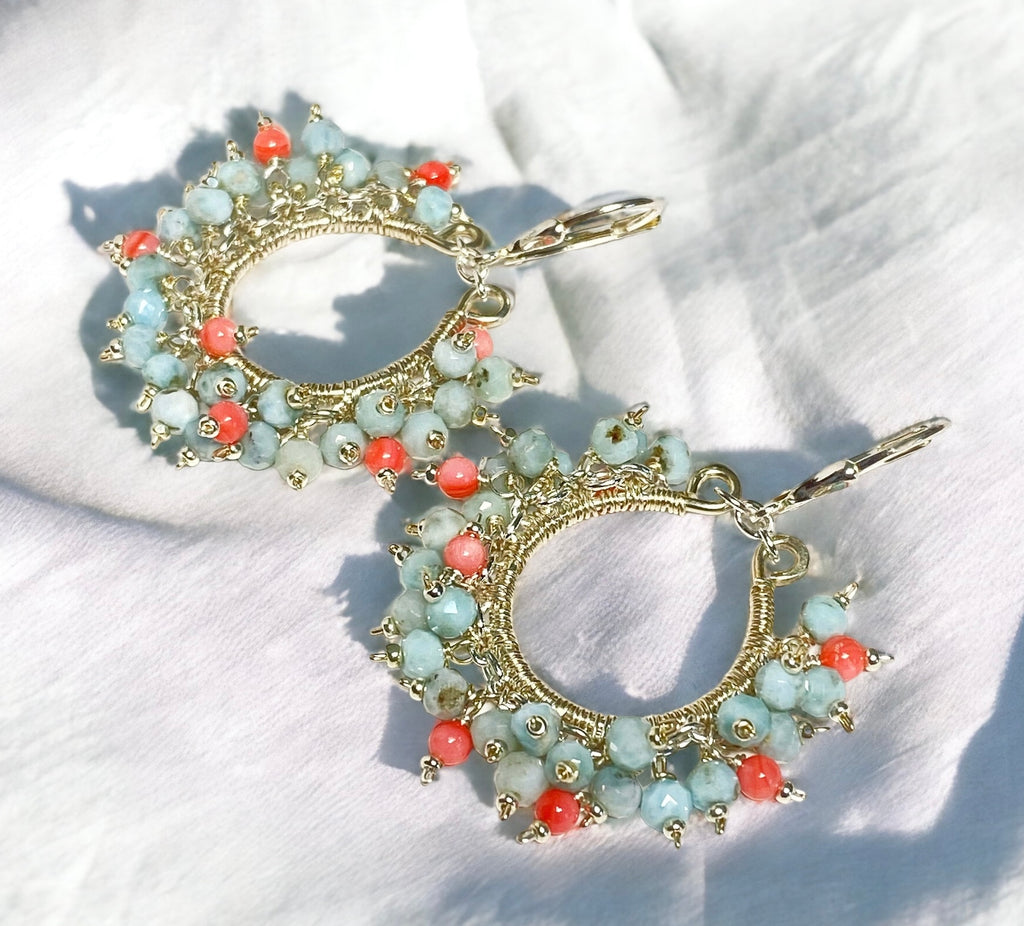 Larimar and Coral Hoop Earrings Sterling Silver