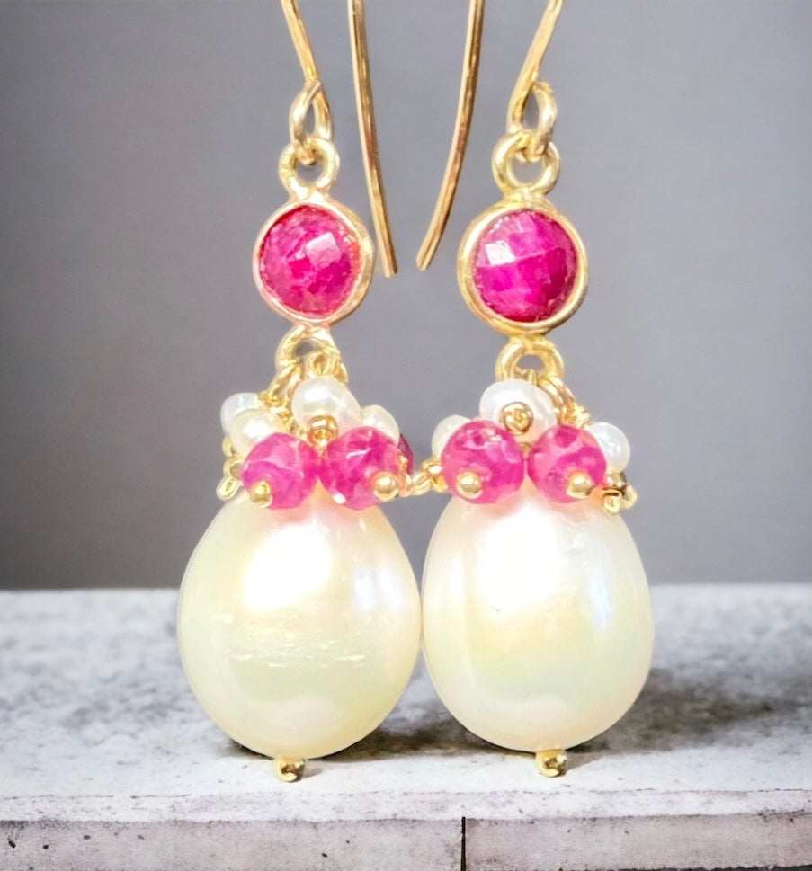 Pearl, Gemstone Cluster, Ruby and Dangle Earrings